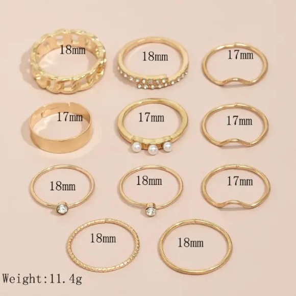 11pcs Beaded Rhinestone Geometric Pattern Ring Set - Picture 3 of 5